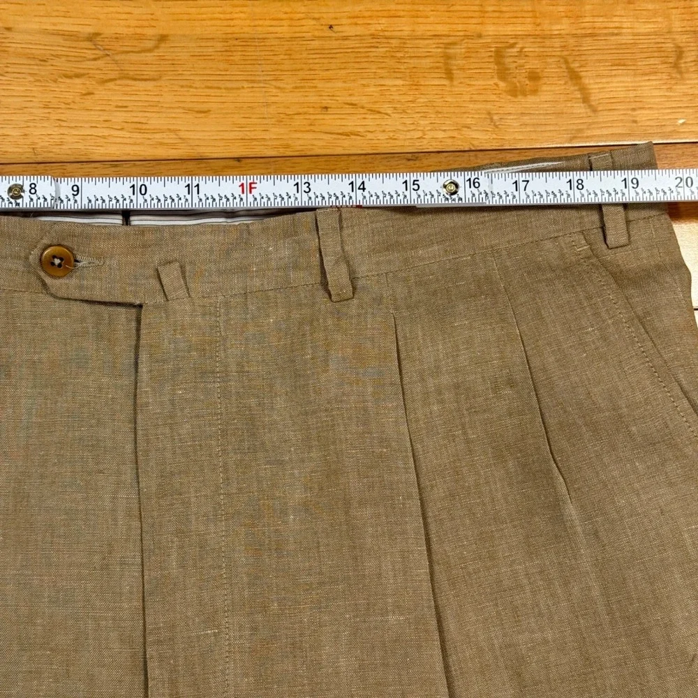 Ermenegildo Zegna Mens 40x30 Tan 100% Linen Pleated Cuffed Dress Pants Italy